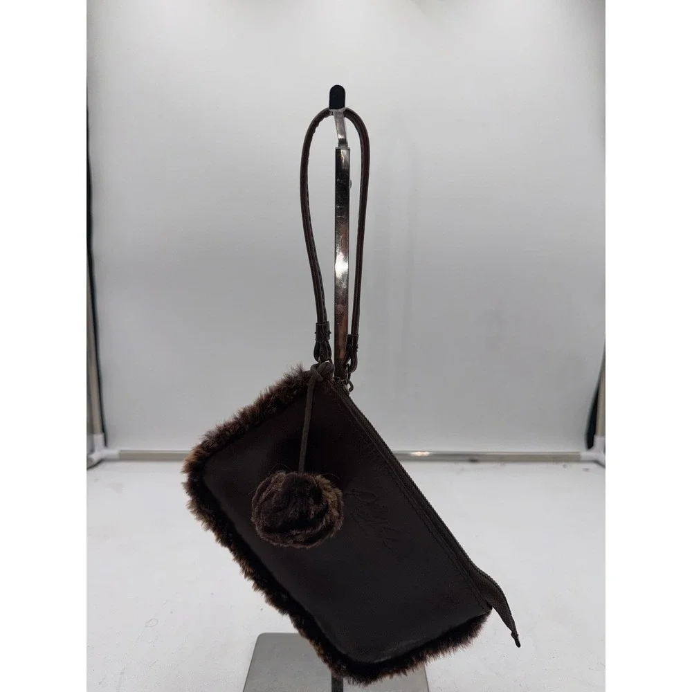 Patricia Nash Brown Italian Leather Faux Fur Trim Wristlet Pouch Pom Pom Charm